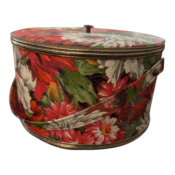 Vintage Floral Vinyl Hatbox Millinery Travel Case Cottagecore Storage Decor - Picture 5 of 10